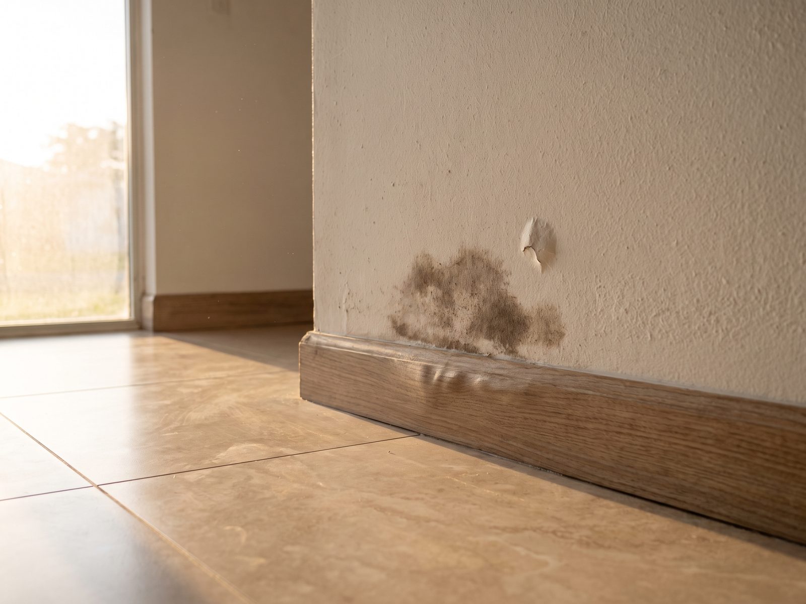 Dark mold growth on the wall just above a wood baseboard, with paint chipped away beside it, on a tiled Florida floor.