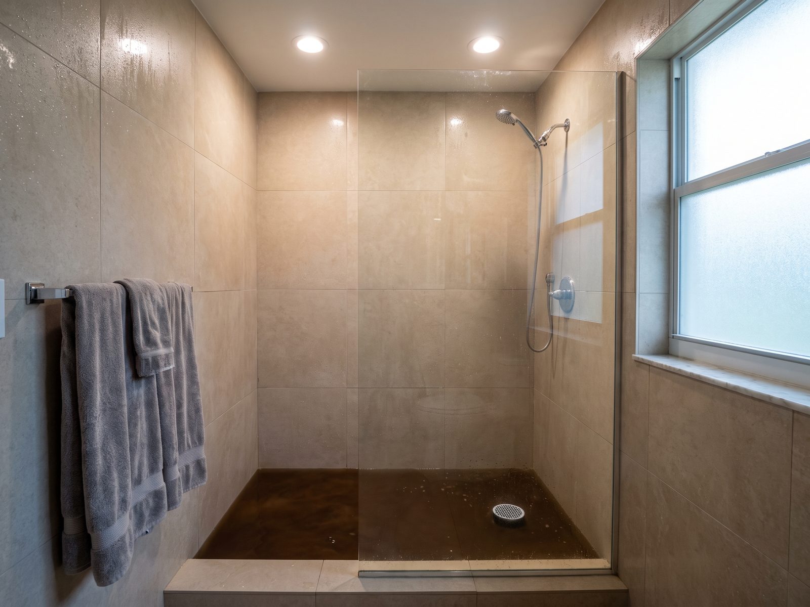 Backup at a Shower Drain Florida | Restoration Doctor Dark water standing in the shower base and around the floor drain of a tiled South Florida bathroom.