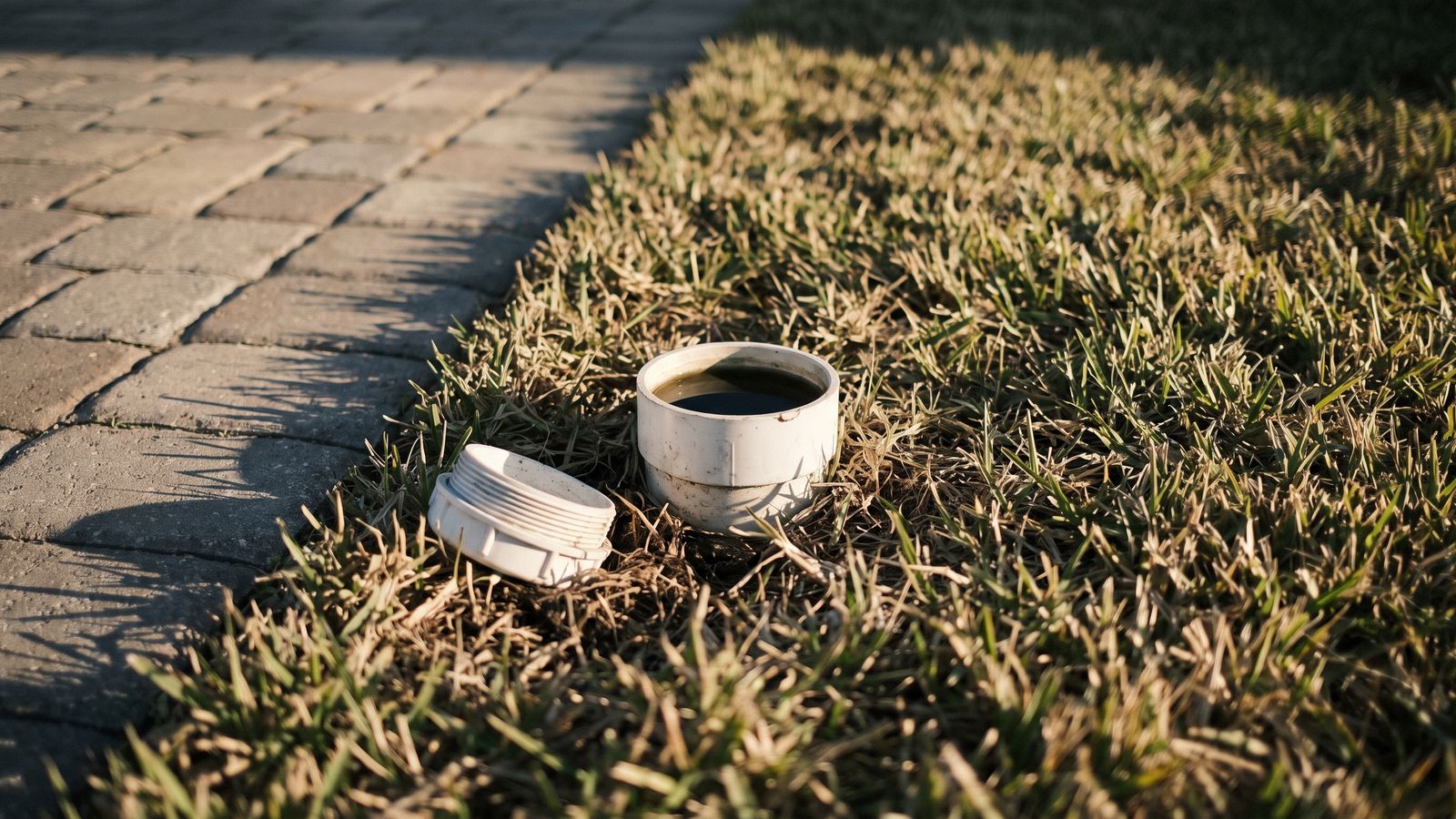 Open Sewer Cleanout South Florida | Restoration Doctor Open sewer lateral cleanout in St. Augustine grass beside a paver driveway, dark water standing at the rim.