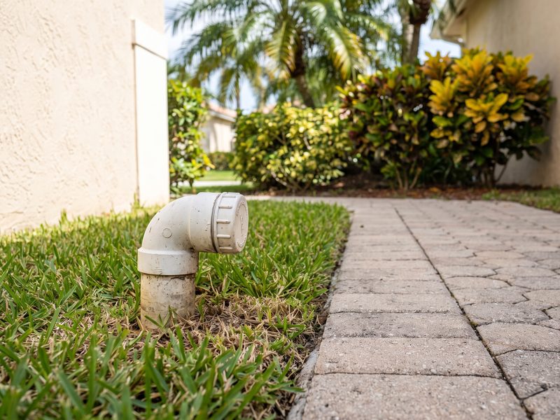 Sewer cleanout cap set in a lawn beside a paver walkway at a South Florida house.