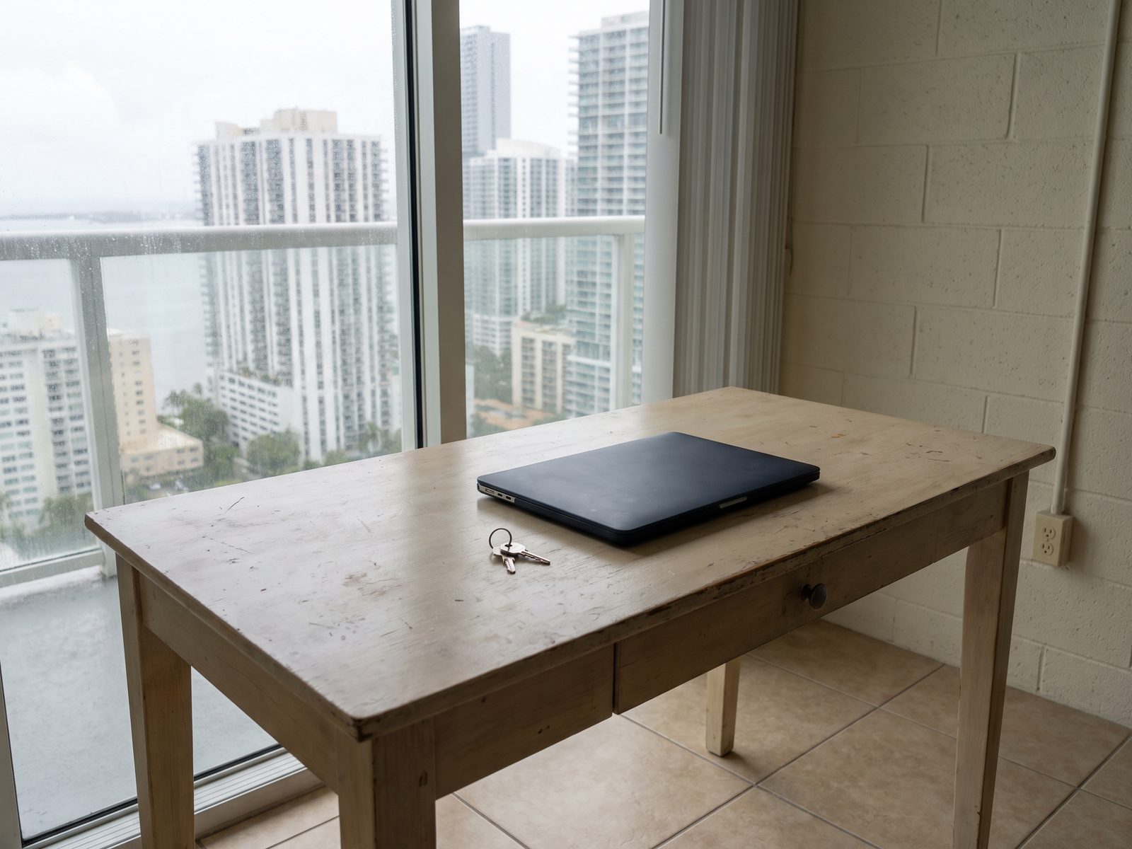 Laptop and apartment keys on a rental apartment desk with the Brickell skyline behind.