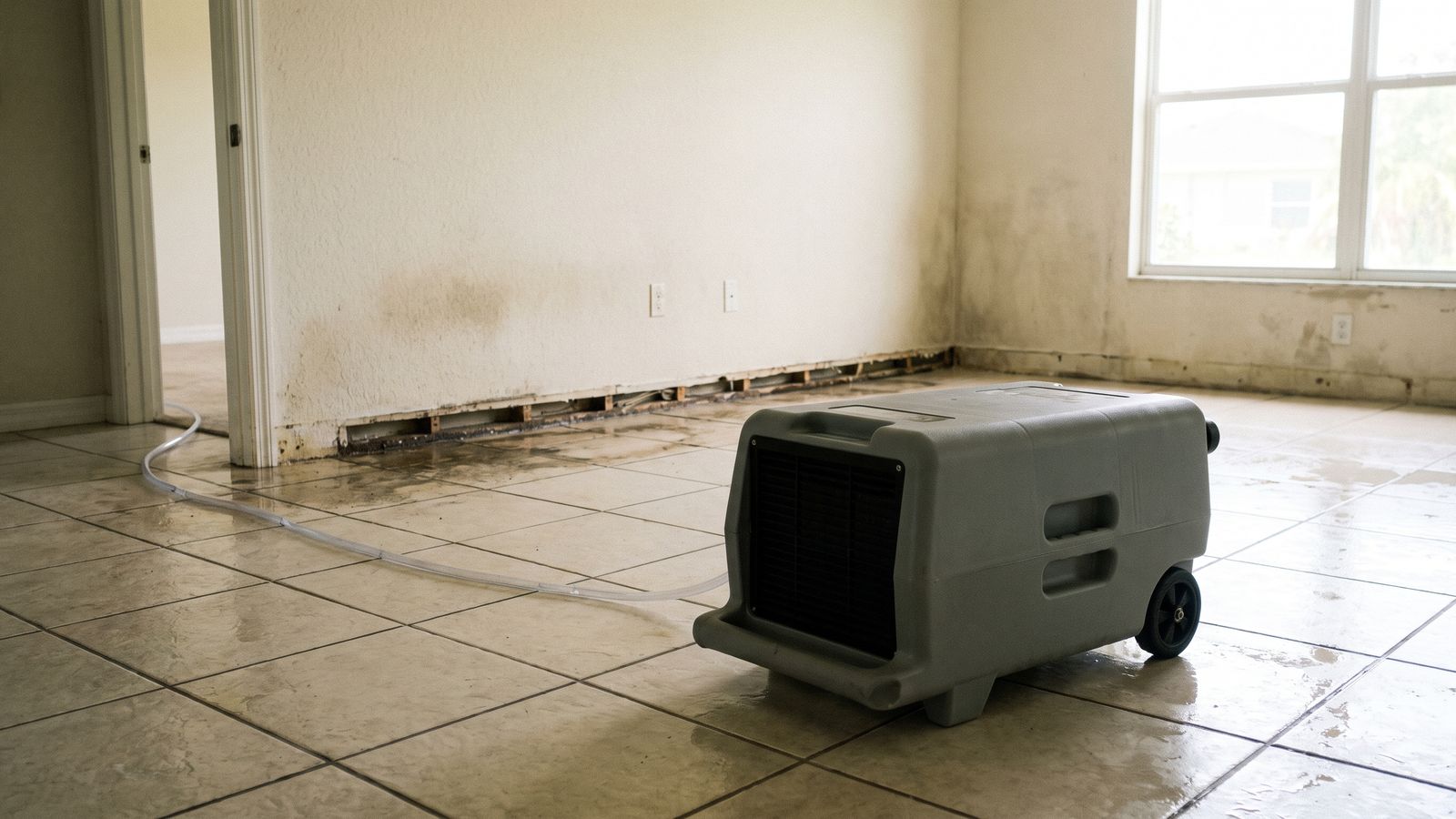 Drying an Emptied Rental Unit | Restoration Doctor Gray dehumidifier drying an emptied tile-floored rental unit after water damage, baseboard removed along the wall.