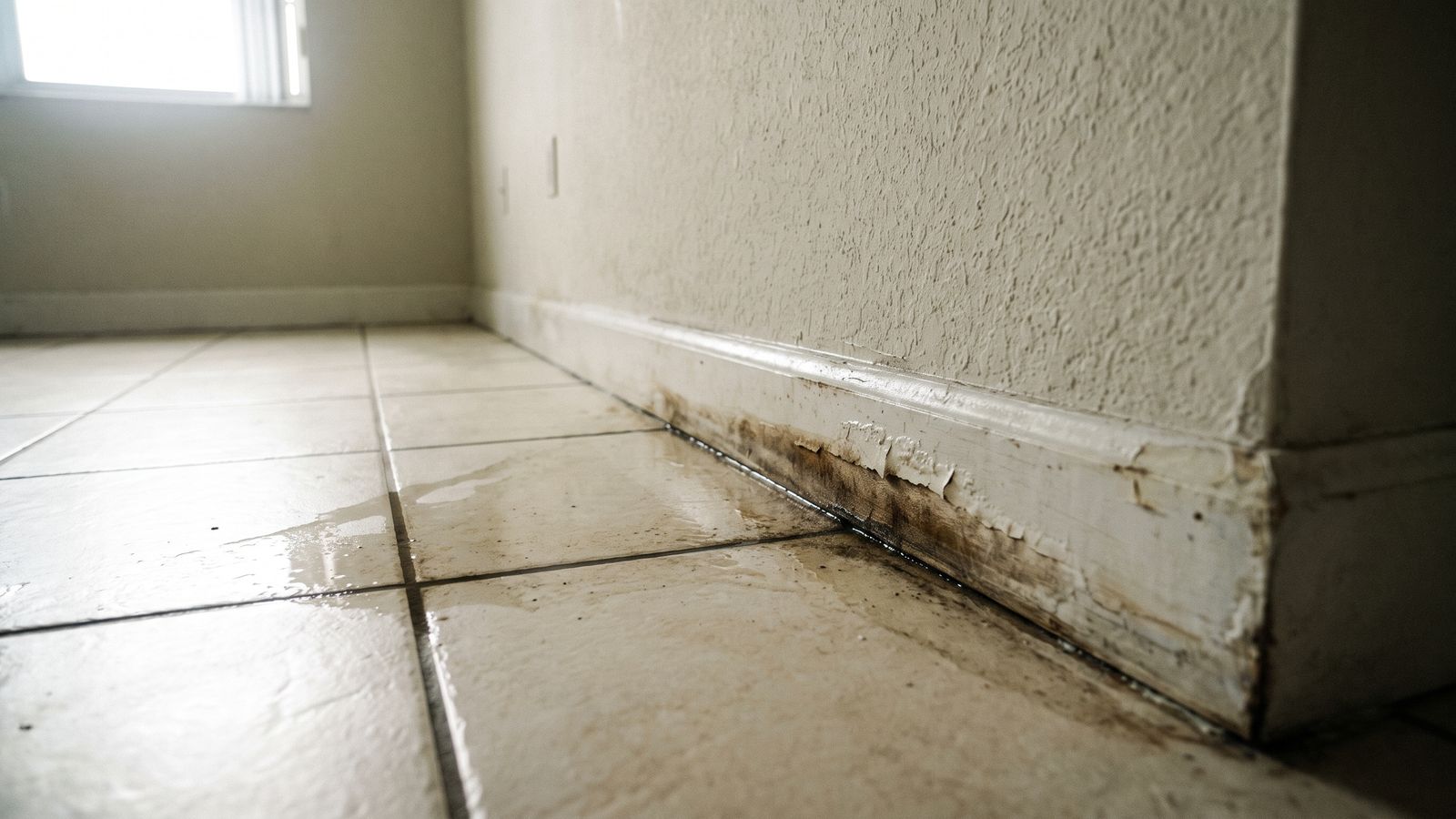 Water at a Tile Edge and Baseboard | Restoration Doctor Water standing in grout lines against a blistered baseboard in a South Florida rental after water damage.