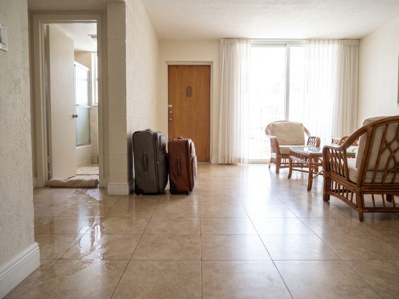 Furnished Miami Beach rental apartment with suitcases by the door and water across the tile near a bathroom.