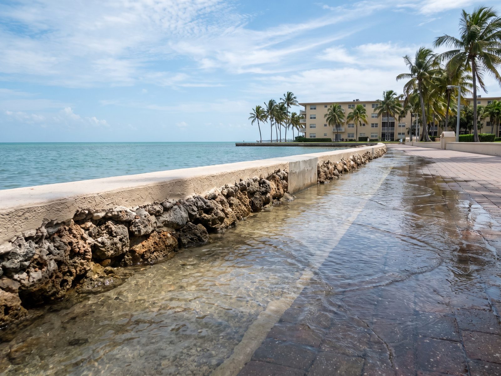 Shallow tidal water rising over a seawall and across a low waterfront walkway in Miami Beach on a clear day.