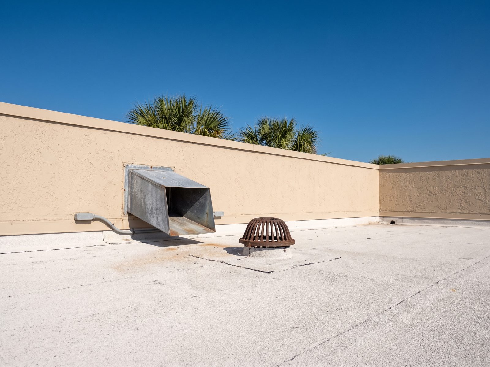 Clear dome strainer over a roof drain on a white flat roof, with the parapet wall behind.