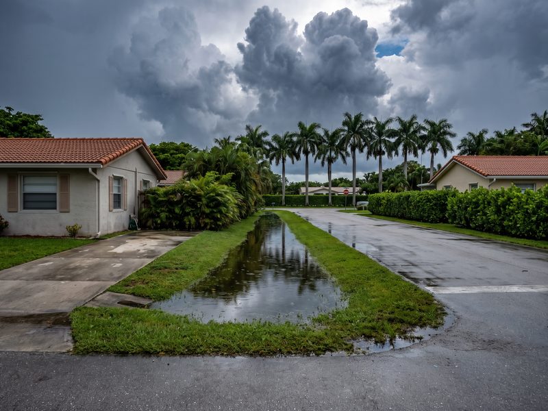 Standing rainwater in the swale of a South Florida street with wet-season storm clouds building overhead.