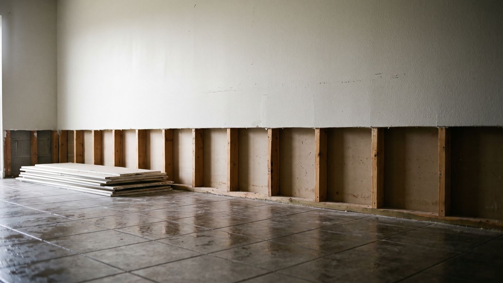 Removing Flood-Cut Drywall | Restoration Doctor Cut drywall stacked on wet tile below a two-foot flood cut in a stripped South Florida room: storm debris, not yard waste.