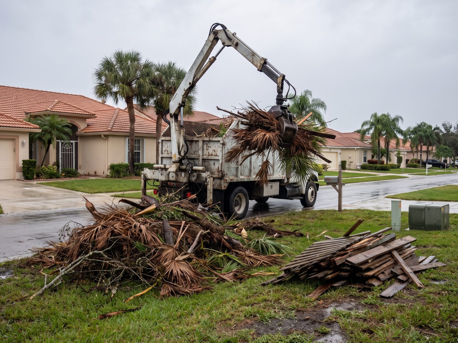 A grapple truck working a swale pile of palm fronds and branches on a South Florida street after a storm.