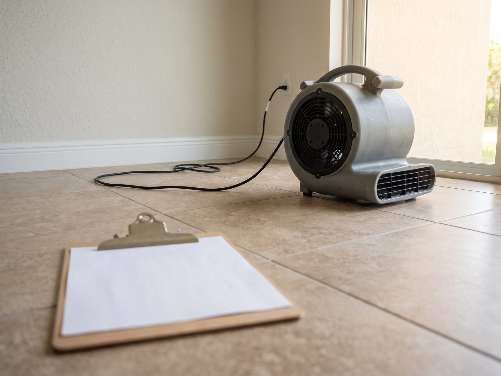 Daily Drying Monitoring Log | Restoration Doctor Clipboard and blank monitoring sheet resting on a tiled floor beside a running air mover in a Florida home.