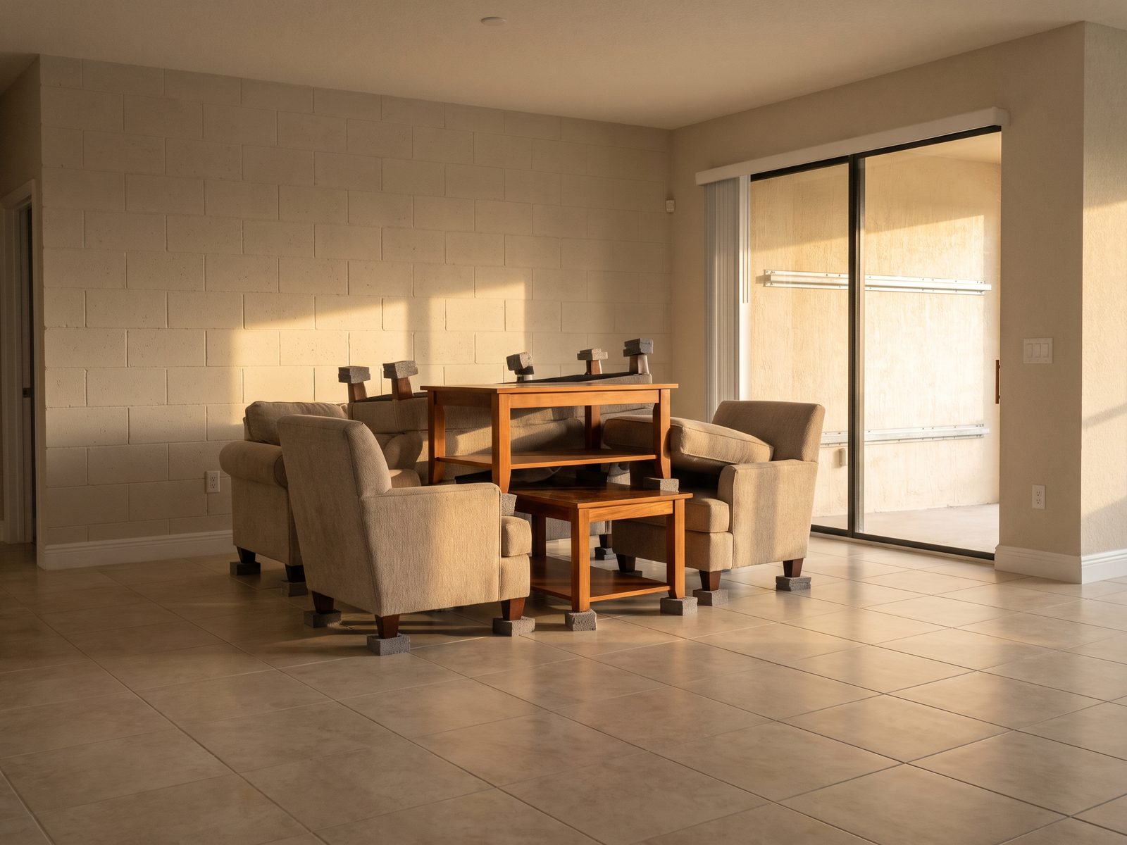 End of a Drying Job in Florida | Restoration Doctor Tiled South Florida living room with furniture pulled to the center and set on blocks while the room dries.