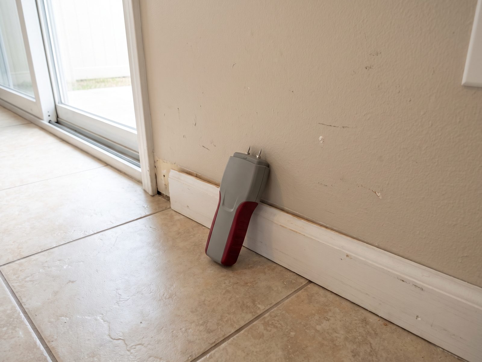 Reading Moisture Content Behind the Baseboard | Restoration Doctor Pin moisture meter pressed into drywall above the baseboard beside a sliding door in a tiled Florida room.