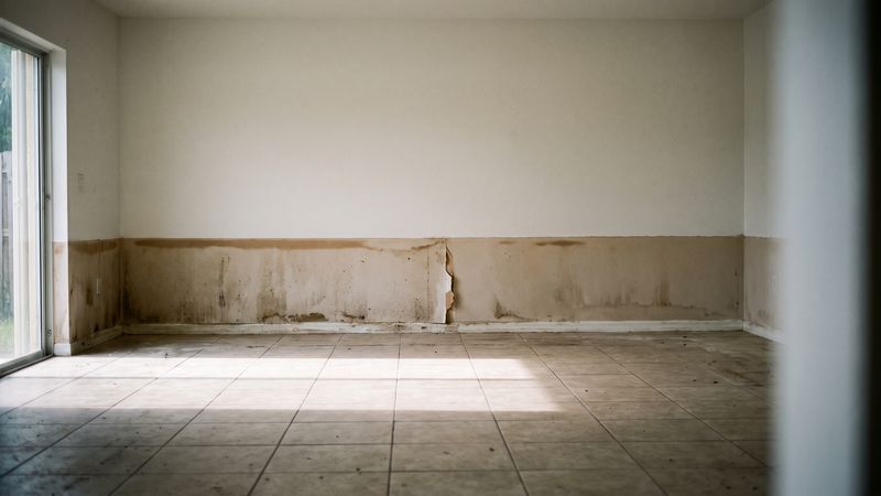 Water damage tide line on drywall above tile in a bare Florida room, clean wall above marking the drying goal.