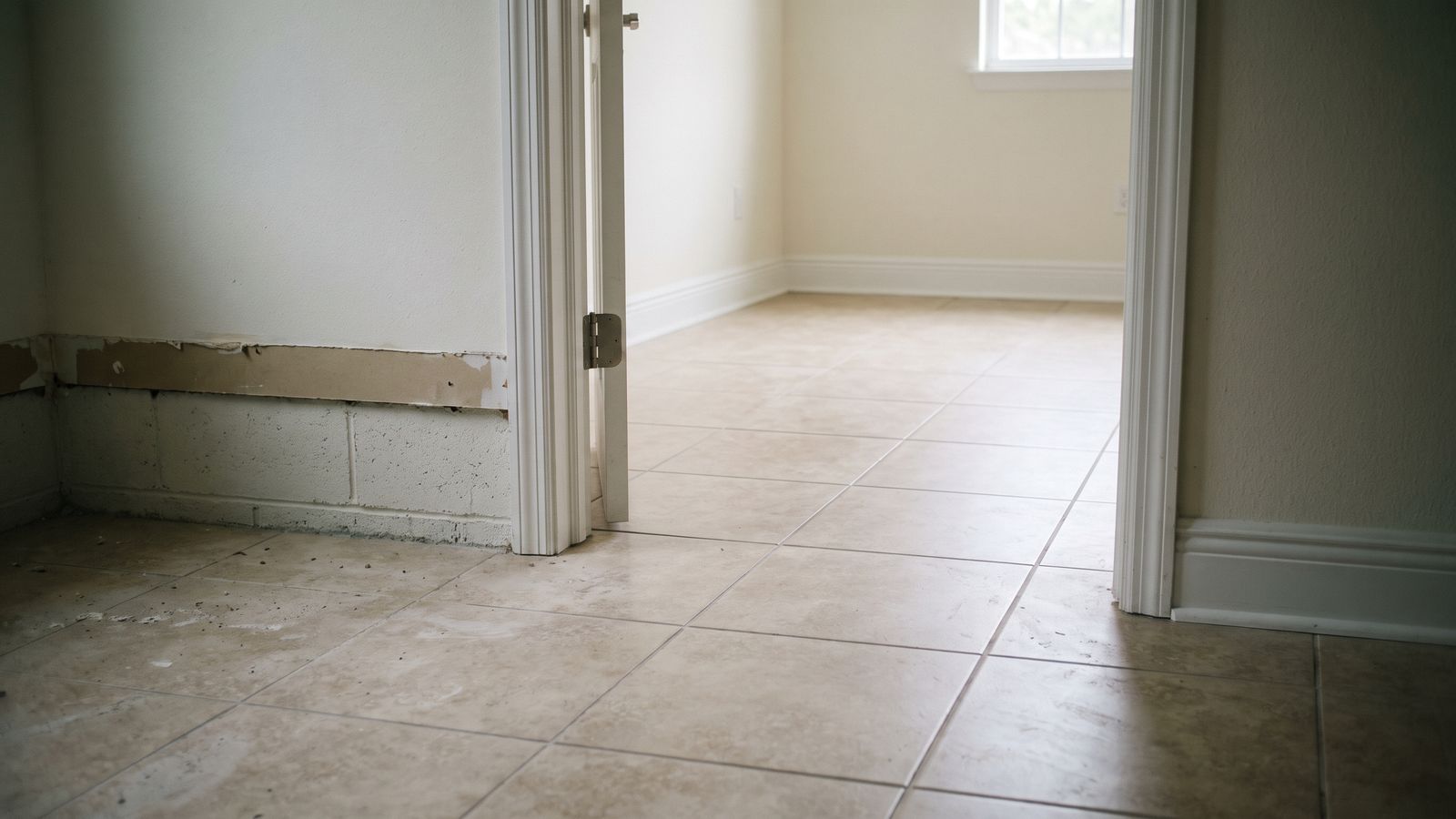 One Floor Through Two Rooms | Restoration Doctor Continuous tile running from a cut-open room through an open doorway into a finished room with no threshold strip.