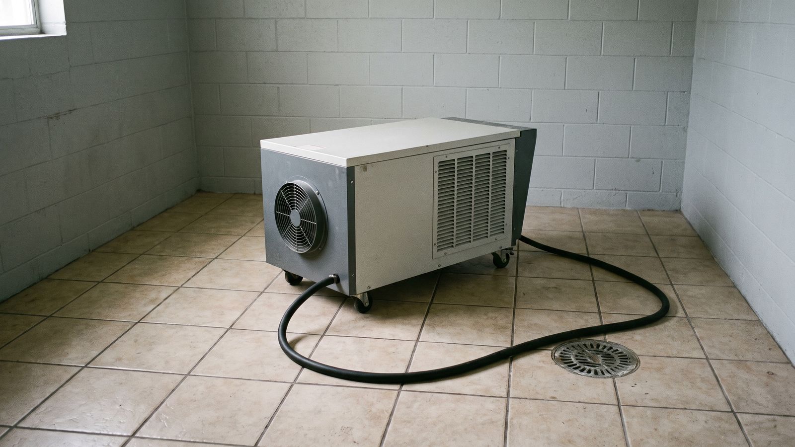 A One-Trade Drying Setup | Restoration Doctor A gray portable dehumidifier standing on large ceramic tile, its drain hose running across the floor past a floor drain.