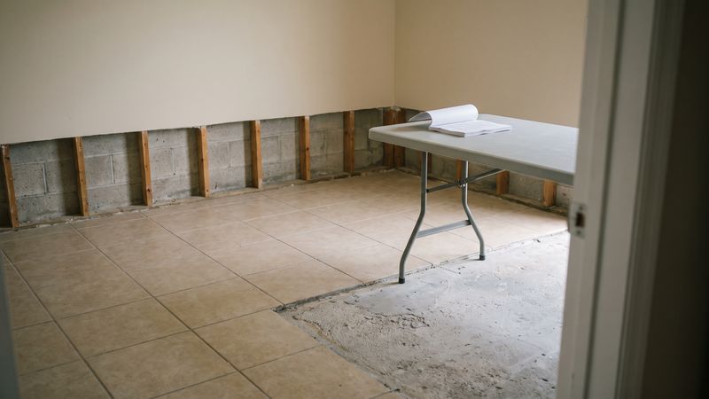 One open paper document on a folding table in a stripped room, with tile lifted to bare slab and the block wall cut open.