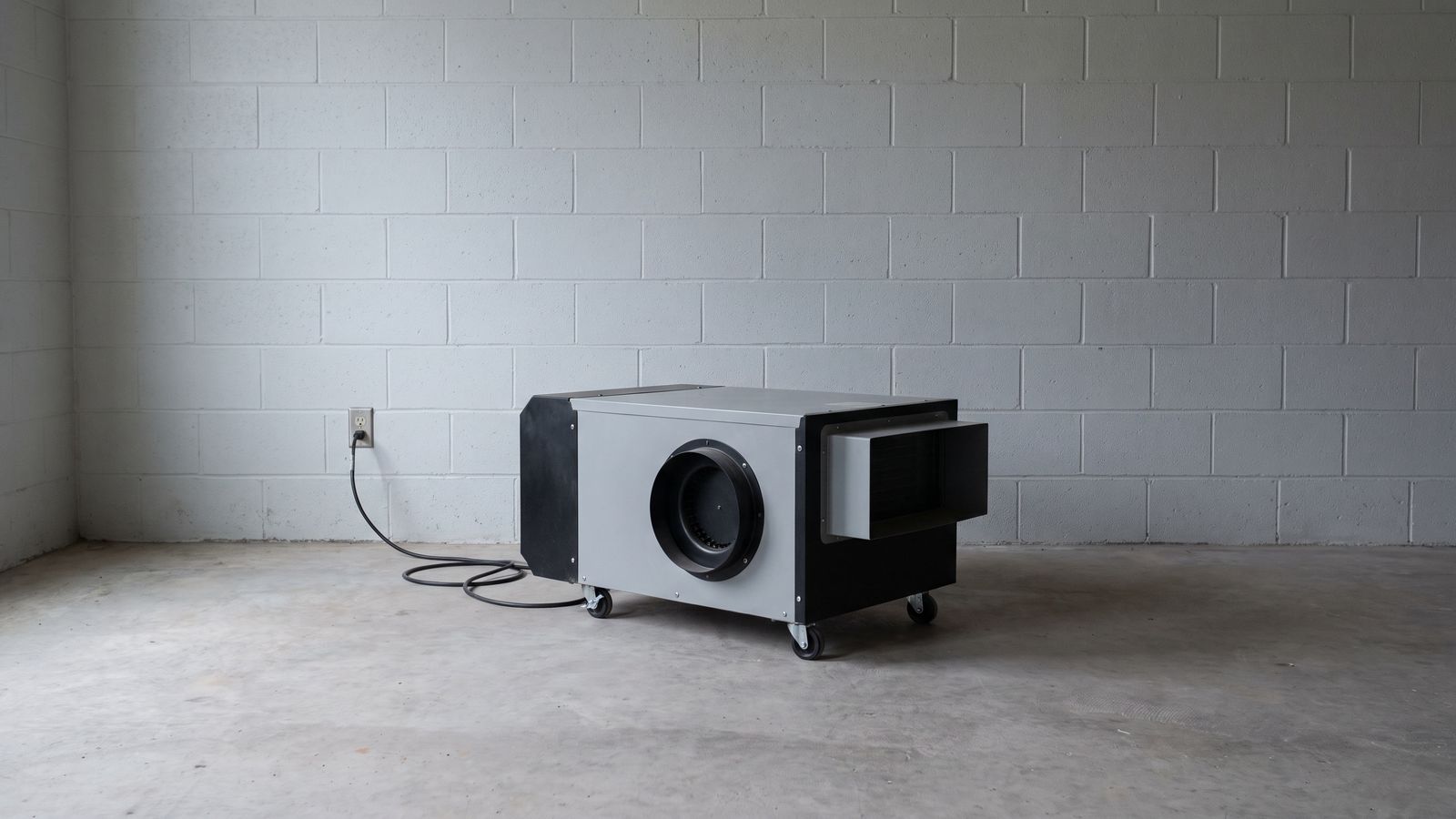 One Dehumidifier on a Bare Slab One white and black commercial drying machine stands on a bare concrete slab, its cord plugged into a wall outlet.