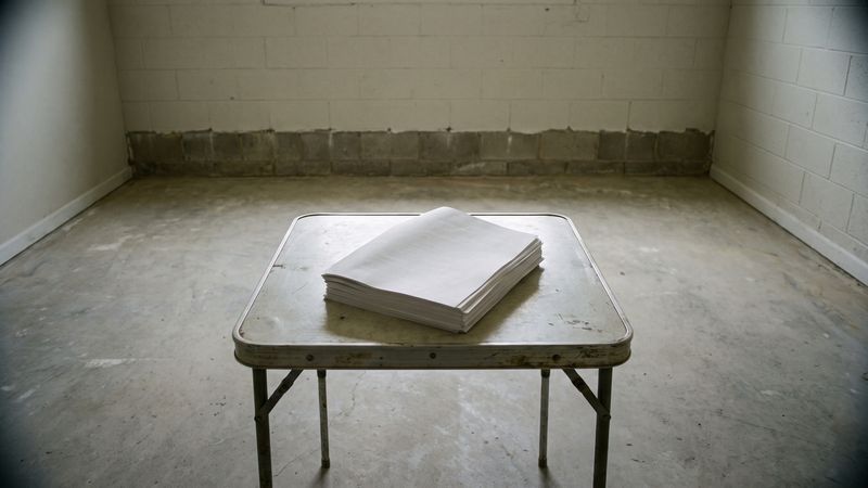 A thick stack of unmarked printed pages sits alone on a bare folding table in a stripped block-walled room.