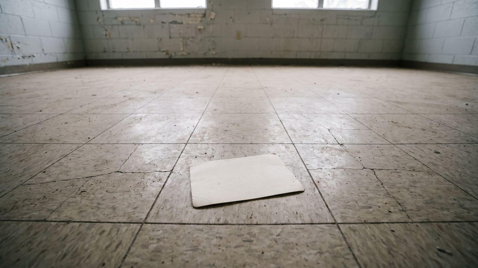 A Plain Card on a Tile Floor A plain blank reference card rests alone on a cracked tile floor in an otherwise empty stripped room.
