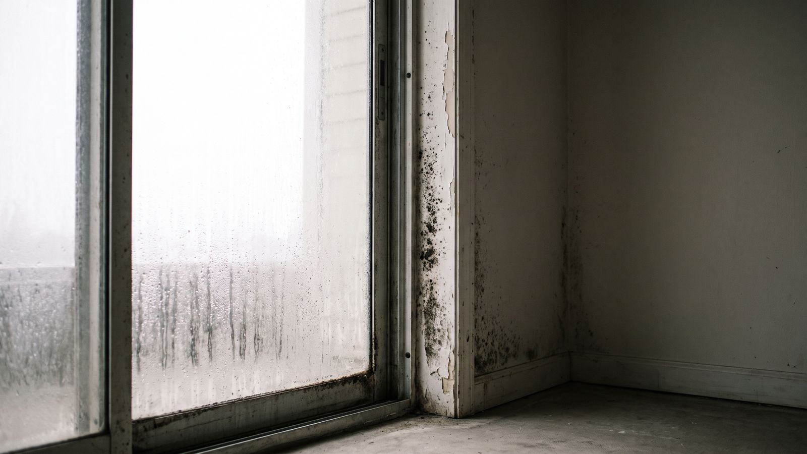 Condensation and mold at a sliding glass door jamb Condensation running down a sliding glass door with black mold on the jamb and wall corner, indoor humidity mold growth