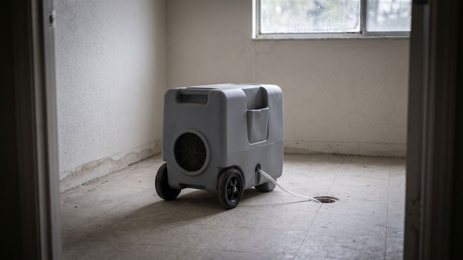 Portable dehumidifier draining on a tile floor Gray portable dehumidifier on a bare tile floor with its drain line run to a floor drain, mold prevention drying