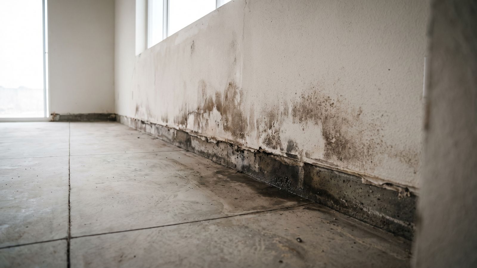 Mold at the wall base above a bare Florida slab Black mold along the base of a stucco wall above a bare slab - why do Florida homes grow mold so fast