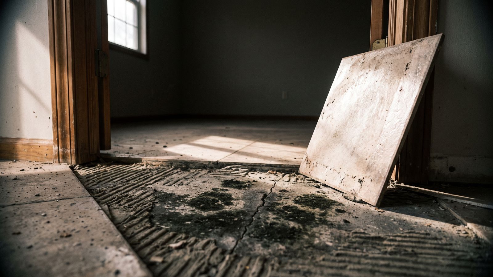 Mold on the exposed mortar bed at a doorway Mold across the mortar bed and slab under lifted flooring at a doorway, hidden mold in Florida homes