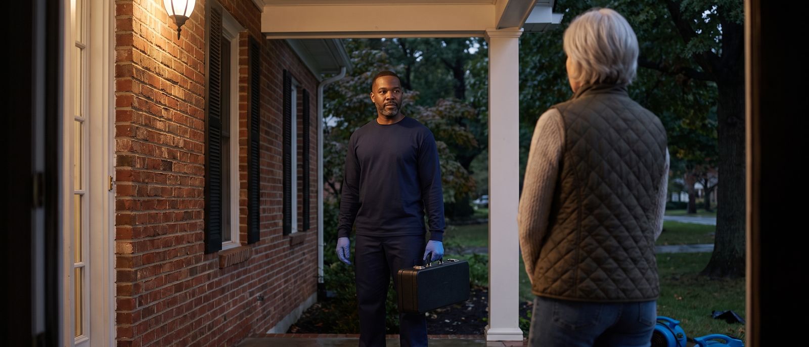 Illustrative rendering: a Restoration Doctor technician arrives at a suburban front door at dusk, instrument case in hand, as the homeowner opens the door.