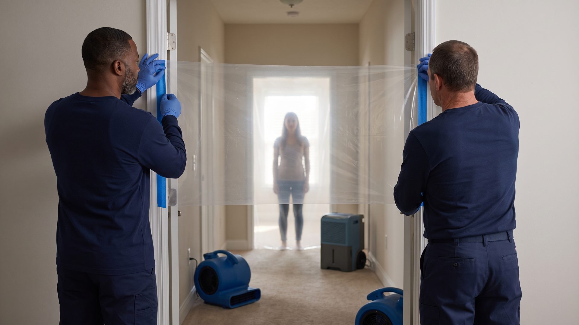 Illustrative film: an AI-created dramatisation of a Restoration Doctor water-damage response, from the first knock to the documentation handover.